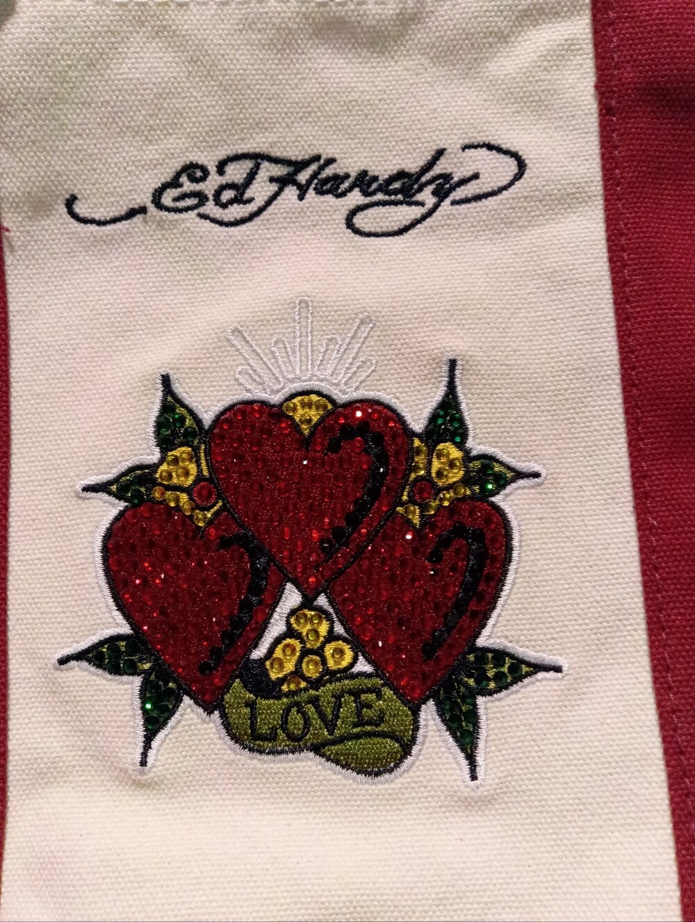 Ed Hardy Cream Canvas Tote with Red Trim and Heart Motif - Picture 3 of 3